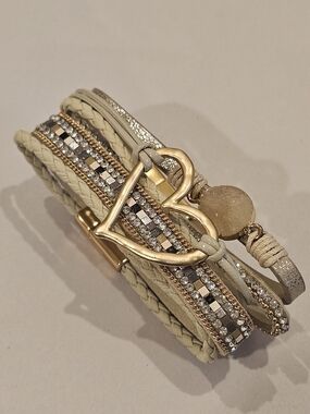 Multi-Row Cream and Gold Heart Accent Bracelet